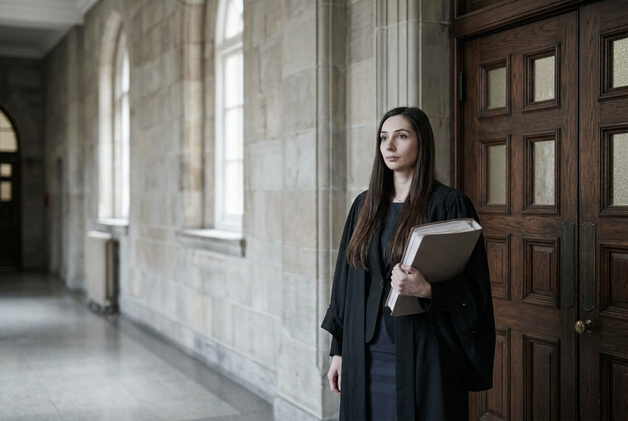 Rechtsanwältin Charlotte Elger-Günther steht in Robe mit einer Akte vor der Tür eines Gerichtssaals.