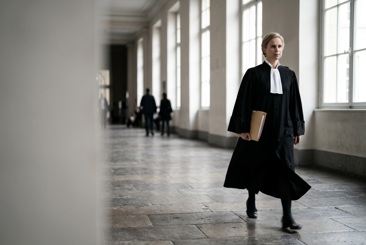 Rechtsanwältin von Burgsdorff geht in Robe mit einer Akte durch einen Gerichtsflur.