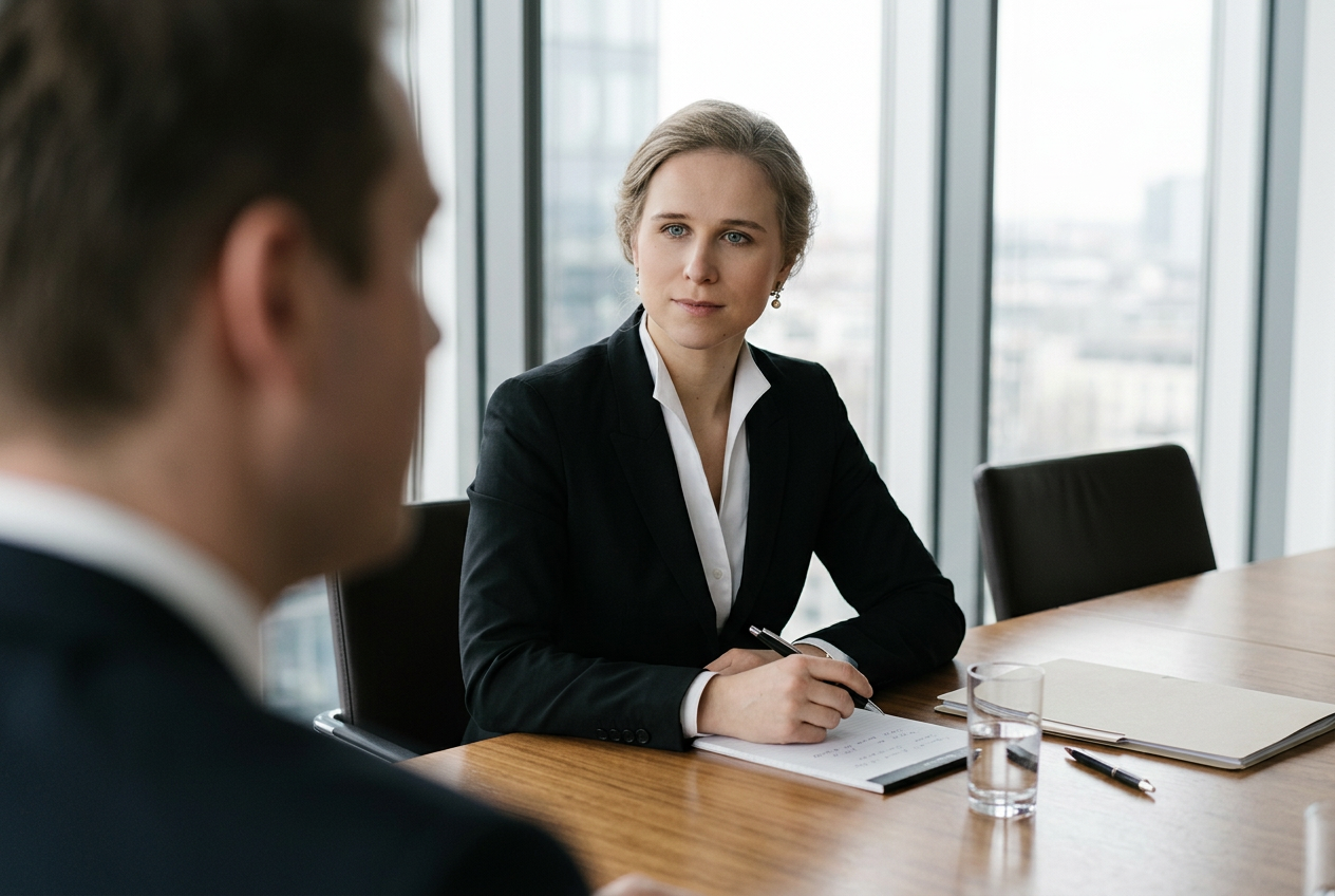 Rechtsanwältin Virginia von Burgsdorff im Gespräch am Besprechungstisch, die Mandantschaft nur von hinten angeschnitten.